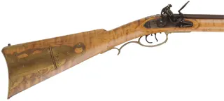 Pennsylvania Longrifle, 
.45 caliber, 42" G.R. Douglas barrel,
curly maple, brass, engraved, flintlock, 
signed by Louis Smith of Johnson City, Tennessee
